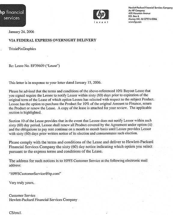 January 2006 Letter from HP Financial Services