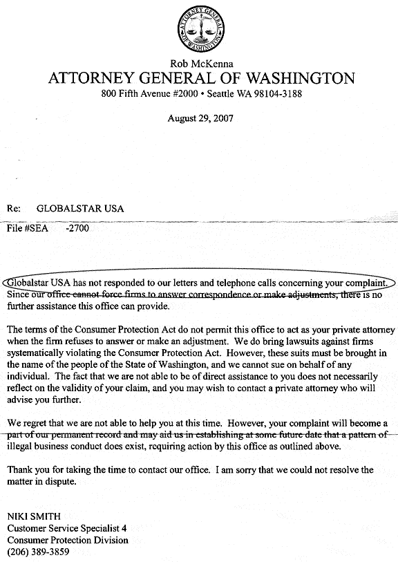 Globalstar's refusal even to respond to the Washington Attorney General