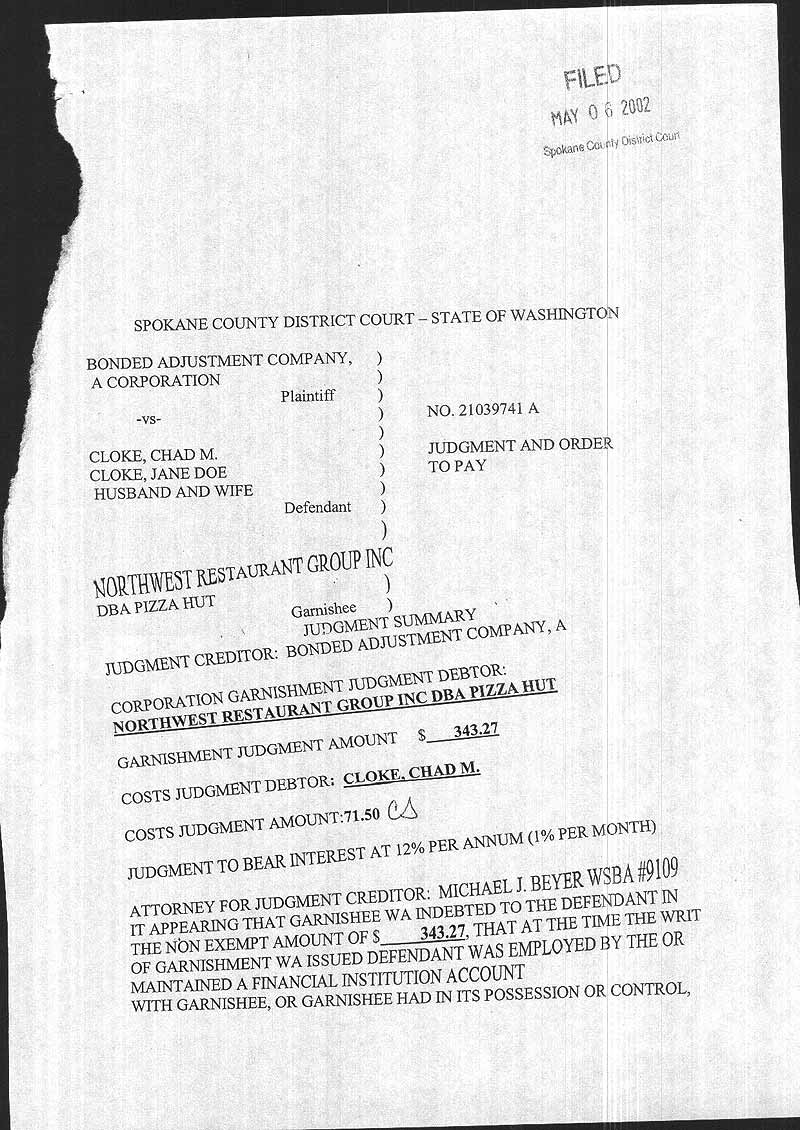 Chad Cloke, Garnished, Garnishment, 1
