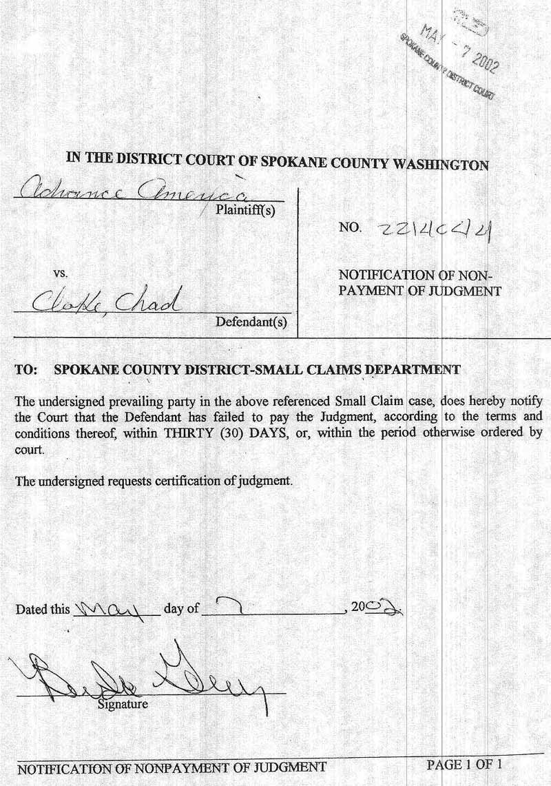 Chad Cloke, non-payment